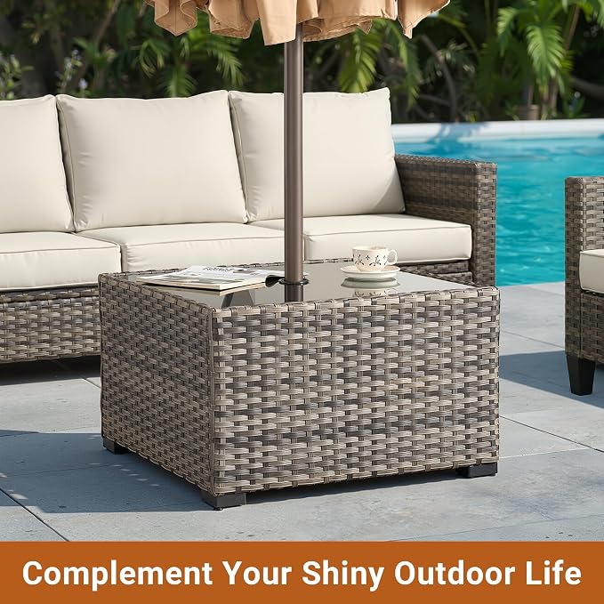 HOOOWOOO Outdoor Patio Side Table with Umbrella Hole,Wicker Coffee End Table Glass Top,Umbrella Table with 1.64" and 2" Hole for Yard,Deck,Porch,Garden(Rectangle Brown)