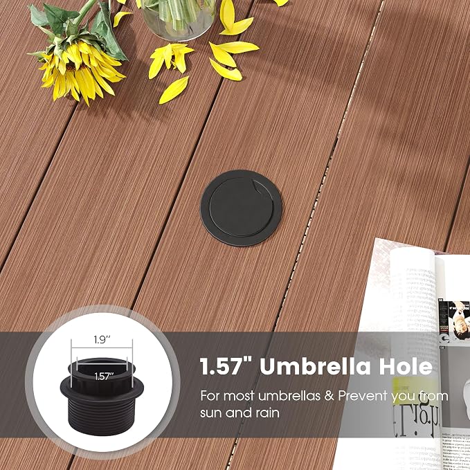 DIFY Outdoor Dining Table for 4 Person, 40.6"x 40.6" All Weather Round Patio Metal Table with 1.57" Umbrella Hole for Poolside Garden and Backyard, Walnut