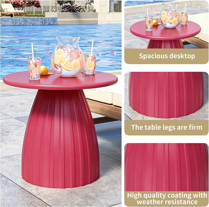 Round Metal Outdoor Patio Side Table, Steel Outdoor Accent Table, Small Patio End Table, for Garden, Pool, Yard, Balcony, Living Room, Deck, Weather Resistant, No Assembly, Pink