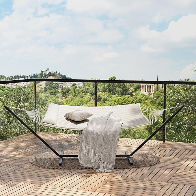 Double Hammock with Stand, Portable 2 Person Quilted Outdoor Hammock, Heavys Duty Steel Frame, 450lb Capacity, Storage Carrying Bag, Indoor Outdoor Patio Use - Beige