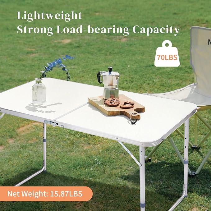 Aluminum Folding Camping Table,4ft Portable Folding Outdoor Table, 3 Adjustable Heights Lightweight Aluminum Table, with Carry Handle for Camping, Beach, BBQ,,Party,Camp Kitchen