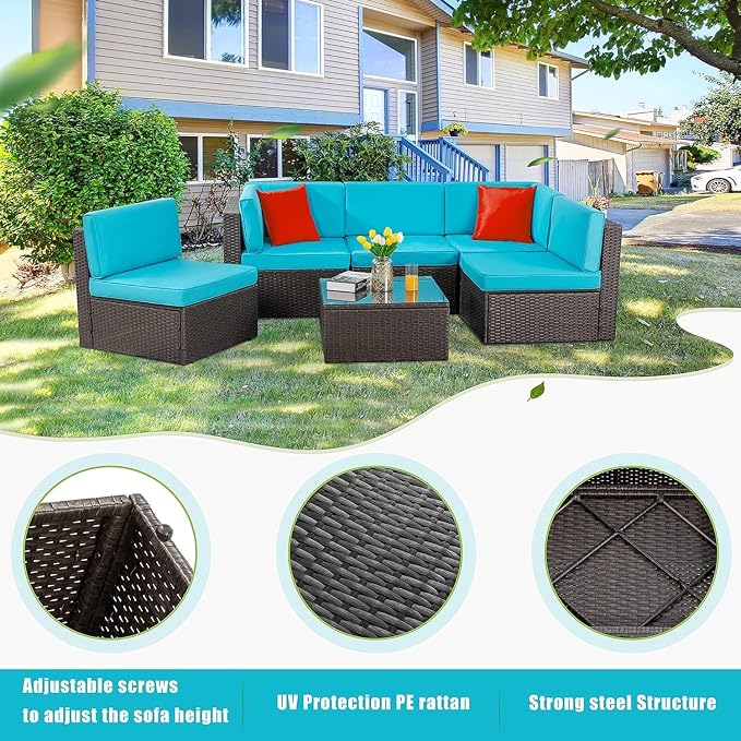Outdoor Patio Furniture 6 Piece Set, PE Rattan Wicker Sectional Sofa Conversation Set with Coffee Table, for Garden Backyard Poolside, Outdoor Sectional Sofa Set