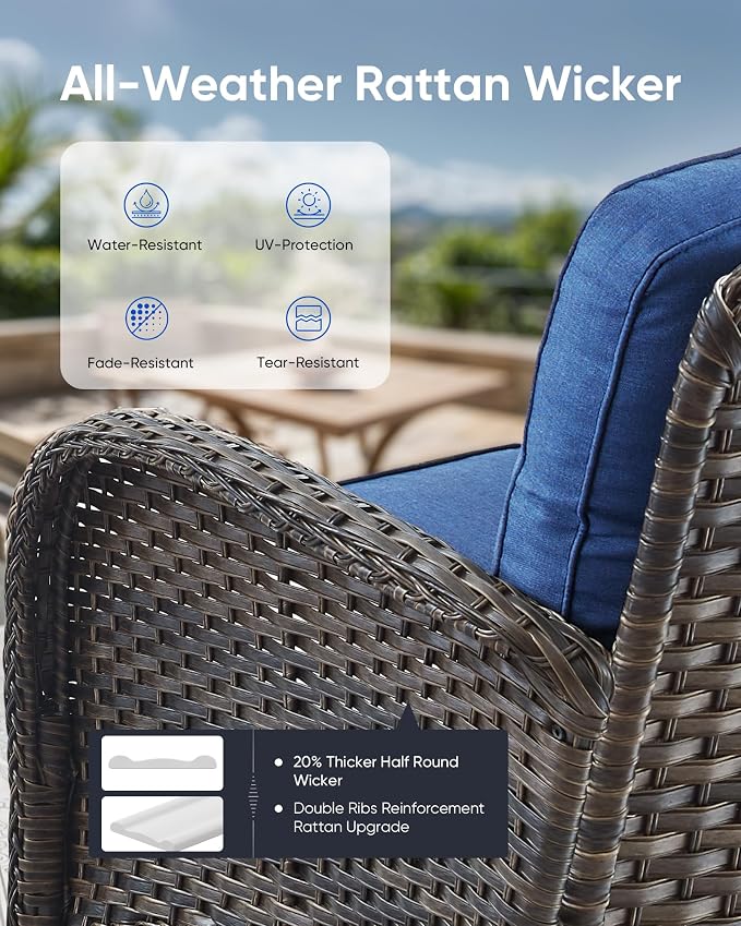 5 Pieces Outdoor Wicker Patio Furniture Set-High Back Outdoor Rocking Chairs Set of 2 with Ottoman Patio Conversation Sets for Deck Lawn Porch Balcony Poolside-Brown/Blue