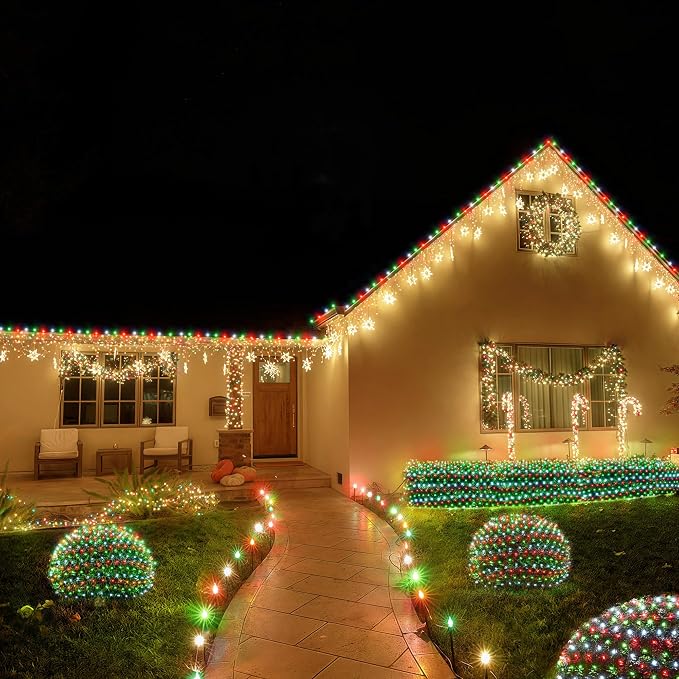 BlcTec Outdoor Christmas Lights 360 LED 9.8ft x 6.6ft Christmas Net Lights with 8 Modes, UL Certified, Timer, Connectable, Waterproof for Bushes, Shrubs, Yard Outdoor Decorations, Red White Green