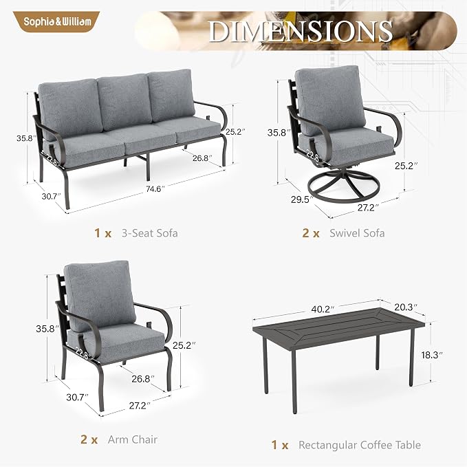 Sophia & William Patio Conversation Set for 7, 3-Seater Sofa, 2 Fixed Chairs, 2 Swivel Chairs and a Coffee Table, Metal Outdoor Furniture with 5.75" Extra Thick Cushions, Grey