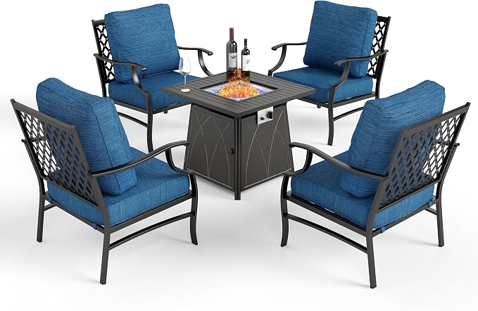 MIXPATIO Patio Furniture Set with Fire Pit Table, 5 Pcs Metal Outdoor Conversation Set, 4 Single Chairs with 5.75" Extra Thick Cushion and 28" Fire Pit Table for Backyard Deck, Green Blue