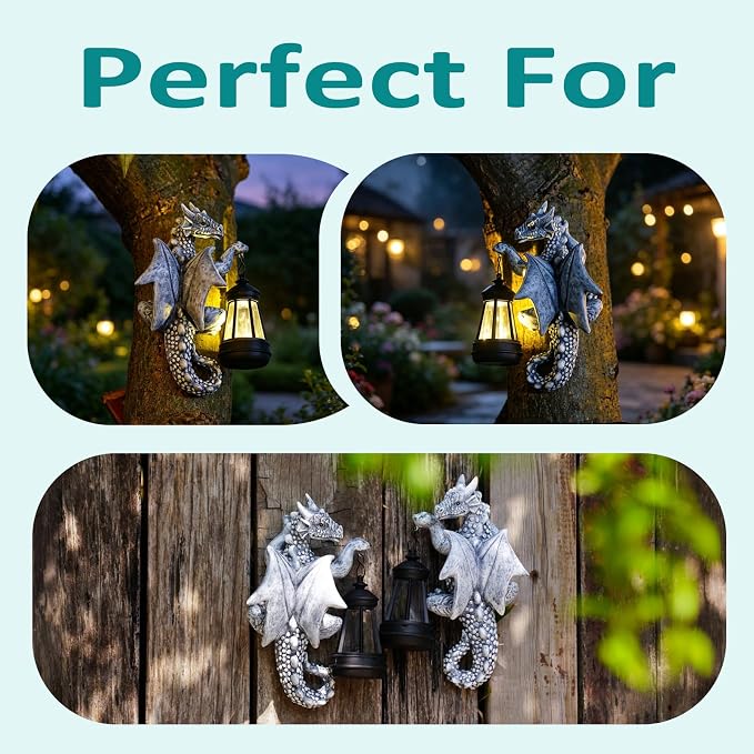 Goodeco Dragon Tree Hugger Solar Lantern Garden Statue - 2 Pack 9.3 Inch Resin Dragon Decor for Outdoor, Perfect Garden Gift & Yard Decor (Grey, 2-Pack)