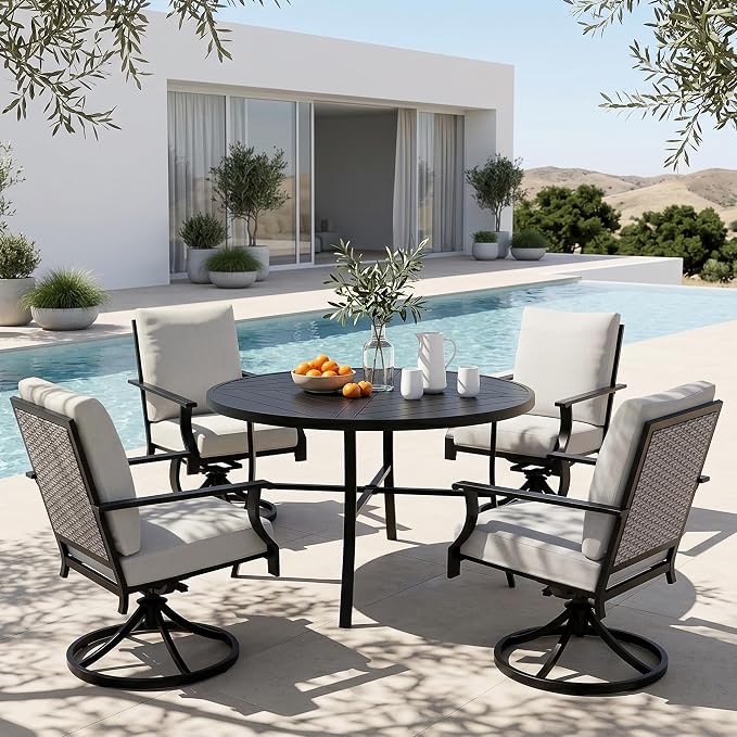 NATURAL EXPRESSIONS 5 Pieces Patio Dining Set, 4 Outdoor Swivel Rocking Chairs with 38" Round Table, All Weather Outdoor Table and Chairs for Outside, Garden, Backyard