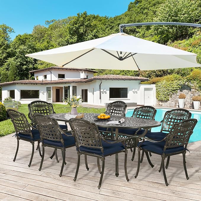 9-Piece Patio Dining Set, Outdoor Patio Table and Chair Set of 84” Oval Cast Aluminum Dining Table with Umbrella Hole and 8 Outdoor Dining Cushion Chairs, Patio Funiture Set for Garden, Navy