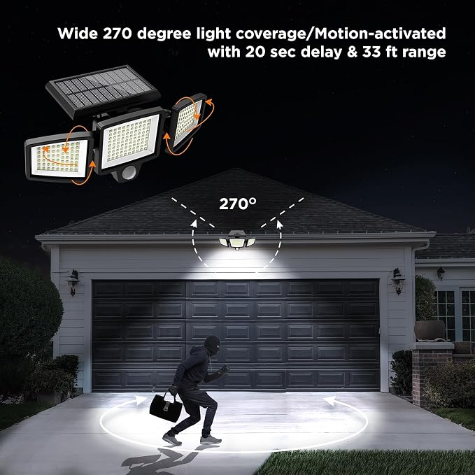 Insert Solar Lights AMS1971 1,000 Lumens Motion-Activated Triple-Head Solar-Powered Security Light with Tool-Free Gutter Mount Bracket (Black)