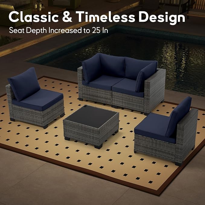 Bonzy Home 5 Pieces Outdoor Patio Furniture Set, PE Rattan Outdoor Sectional Furniture Sofa Set with Removable Cover and Glass Coffee Table, Patio Sofa for Balcony, Porch, Garden, (Grey-Navy Blue)