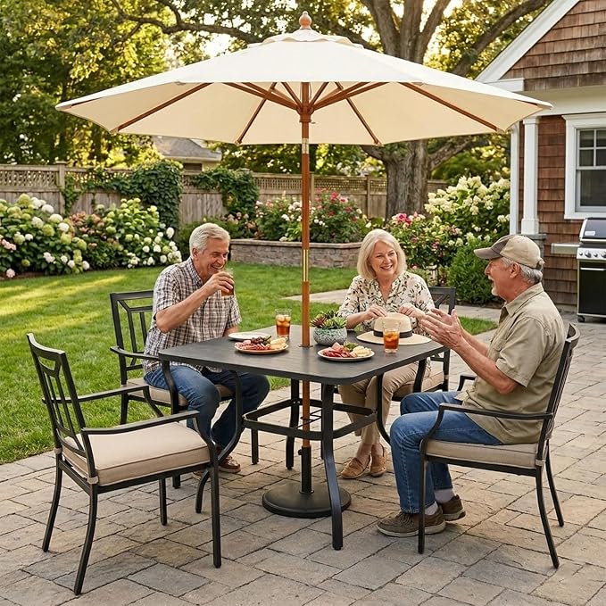 Kozyard 35.4" Square Outdoor Dining Table for 4, Steel Frame with Textured Wood-Grain Tabletop, Patio Table with Umbrella Hole for Backyard, Balcony, Garden Gray