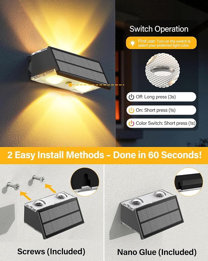 Solar Fence Lights Outdoor, 2 Pack Fence Solar Lights Waterproof | IP65 Fence Lights Solar Powered Up & Down LED Focus, 9 Color Modes, 12H Dusk to Dawn Glow for Patio/Backyard - Matte Black
