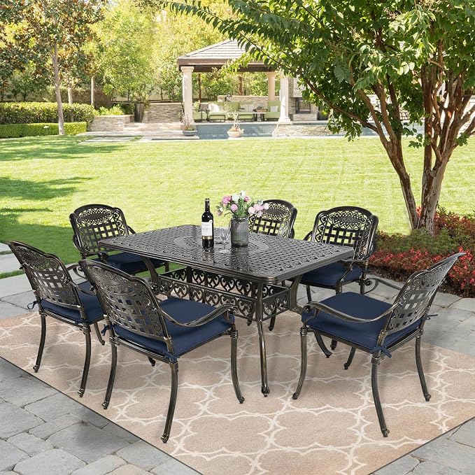 MEETWARM 7-Piece Outdoor Furniture Dining Set, All Weather Cast Aluminum Patio Garden Set with 6 Chairs, 6 Cushions, 1 Rectangular Table, 2" Umbrella Hole, Dark Bronze, Navy Blue