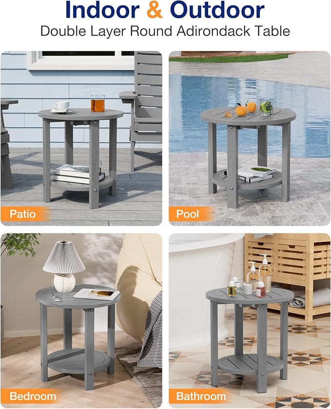 YEFU Outdoor Side Table for Patio: 16in HIPS Small Round Outdoor End Table - 2-Tier Adirondack Tables for Patio Porch Yard Poolside Living Room Beach Bedroom (Grey, 1 Pack)
