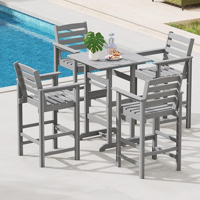 Tangkula 30" x 30" Square Bar Table, Patio HDPE Bar Height Dining Table w/Slatted Tabletop, Outdoor All-Weather High-Top Bistro Table for Poolside, Backyard, Balcony