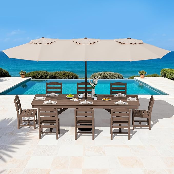 SERWALL 9 Piece Outdoor Dining Set, 84" HDPE Outdoor Table and Armless Chairs Set for 8,All Weather Patio Furniture Set with Umbrella Hole for Backyard, Garden, Brown