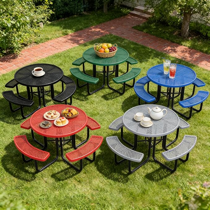 46" Round Picnic Tables for Outdoors,Commercial Metal Picnic Table Bench Set W/ Umbrella Hole,Restaurant School Canteen Tables W/Seats - Heavy Duty Sturdy Picnic Tables for Patio Garden Coffee Shop