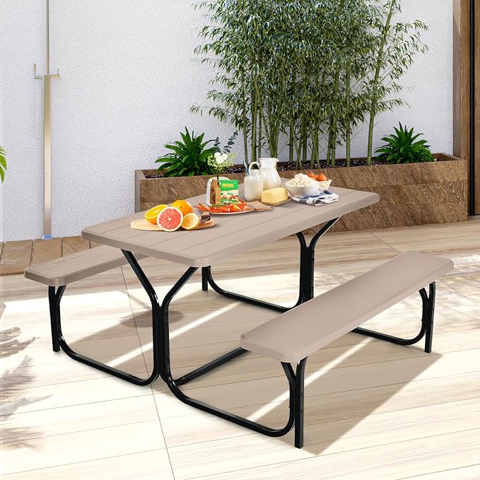 Tangkula Picnic Table Bench Set, Outdoor Picnic Table with 2 Benches, Metal Camping Table with Plastic Wood-Like Texture Tabletop & Steel Frame, Ideal for Picnic, Party, Garden, Lawn (Brown)