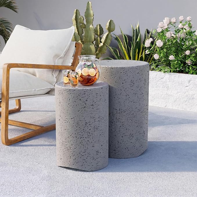 COSIEST Concrete Outdoor Side Table, Set of 2 Round End Tables, Decorative Garden Stools for Indoor Outdoor, Patio Accent Side Table w Spotted, Nesting, Dark Grey