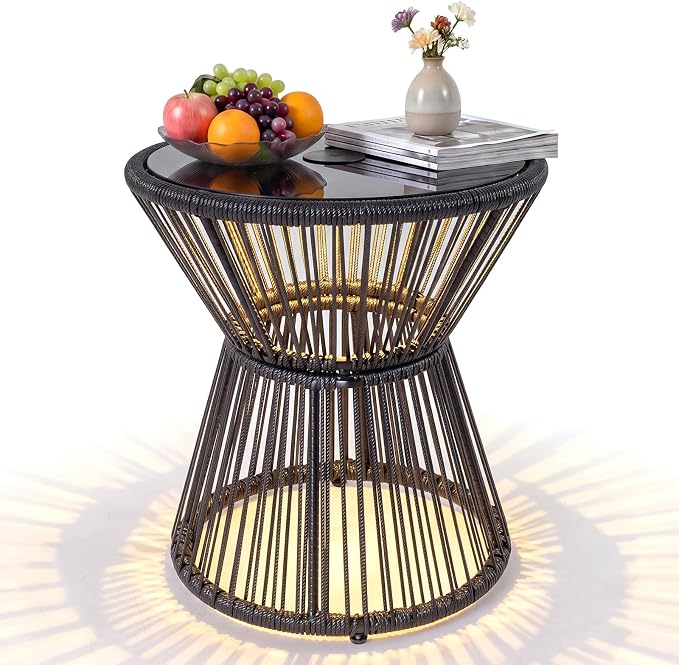 Tangkula Outdoor Side Table with LED Warm Light, PE Rattan Hourglass-Shaped End Table with Tempered Glass Top, Battery Operated Accent Coffee Table for Patio, Porch, Balcony & Living Room (1)