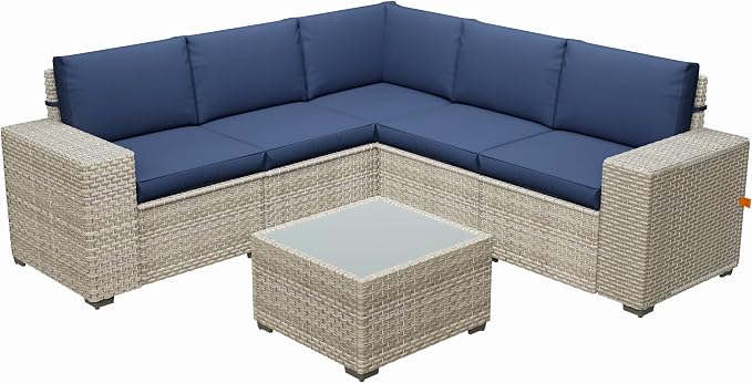 6 Piece Patio Furniture Set, 8" Wide Arm Sectional Sofa Set with Coffee Table, High-Back All-Weather Rattan Outdoor Conversation Set for Garden, Porch, Lawn, Blue