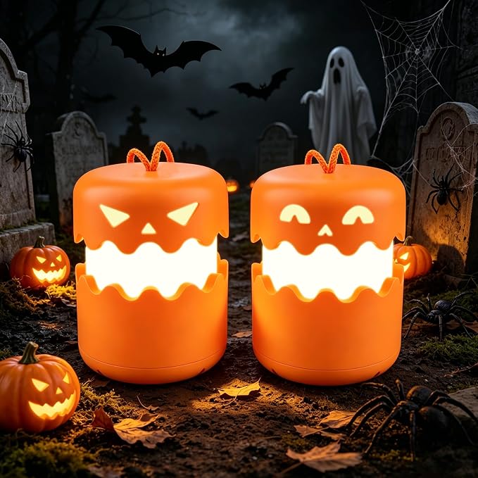 LED Halloween Pumpkin Lantern 2 Pack,Jack O Lantern with Lanyard | Halloween Lamp Gifts for Kids and Adults Collapsible Indoor/Outdoor Halloween Party Decoration