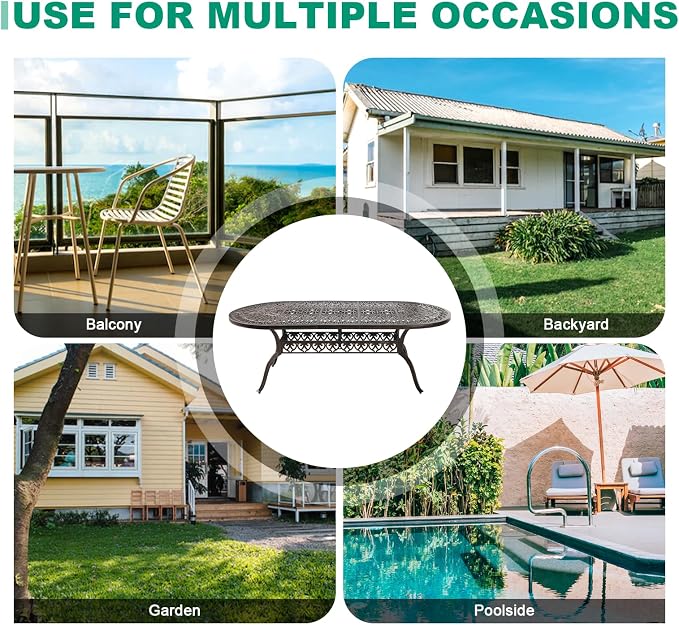 Cast Aluminum Patio Dining Table,Outdoor Dining Table for 8-10,Patio Metal Dining Table with Umbrella Hole for Backyard,Garden,Poolside (1, Oval)