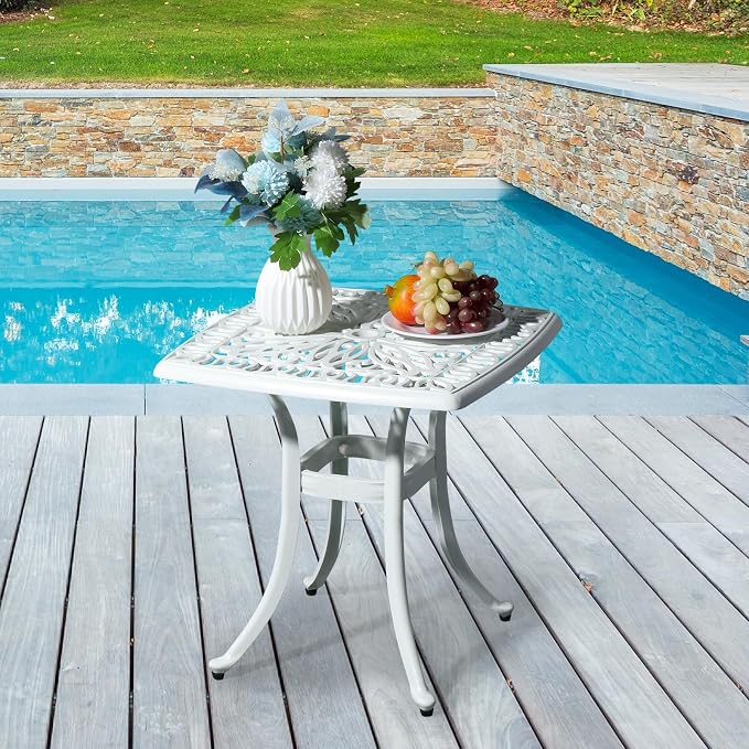 Bonnlo 21 Inch Cast Aluminum Outdoor Side Table with Umbrella Hole, Anti-Rust Coffee Bistro Table for Outdoor, Patio, Garden, Porch, Balcony End Table (Square, White)