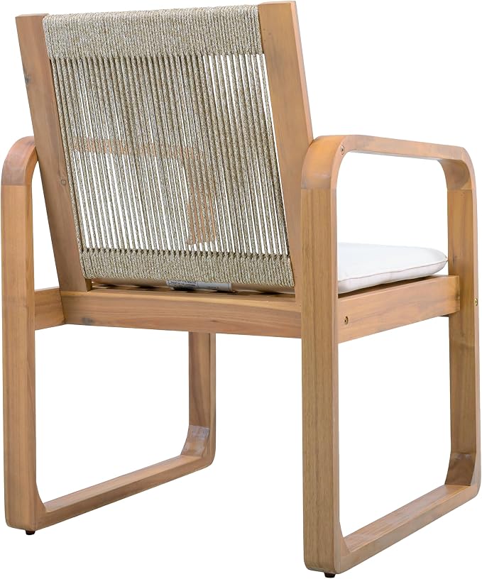 Christopher Knight Home Trazy Acacia Wood Outdoor Dining Set for 4, Patio Dining Table Set for 4, Outdoor Dining Table and Sled Base, Dining Chairs with Cushion + Rope Backrest, Teak + Brown + Beige