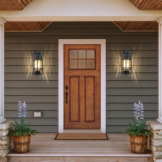 15'' Dusk to Dawn Outdoor Wall Lantern,Front Porch Light, 2Pack, Black | Rustproof Metal Frame, Water Ripple Glass, T30 Bulb Included, E26 Bulb,2700K Warm Light, Patio Light for Front Door