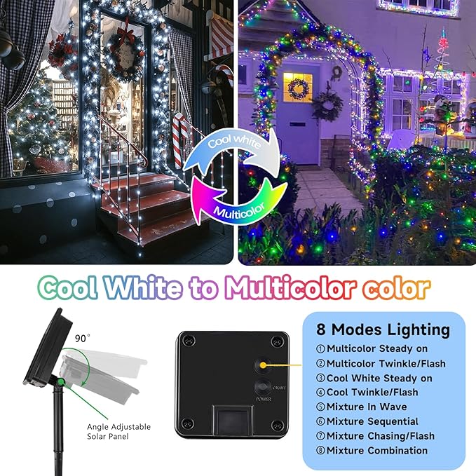 Solar Fairy Lights, 2 Pack Total 400LED 144FT Cool White to Multicolor | Waterproof Color Changing Solar String Lights Outdoor, Silver Wire, 8 Modes Solar Twinkle Lights for Tree Garden Yard Decor