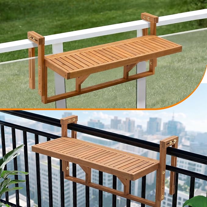 VINGLI 48in Acacia Wood Folding Balcony Hanging Table – Adjustable Height & Width, Balcony Railing Table Ideal for Different Railing Widths, Perfect for Balcony, Patio, Rectangular,Natural Wood Color