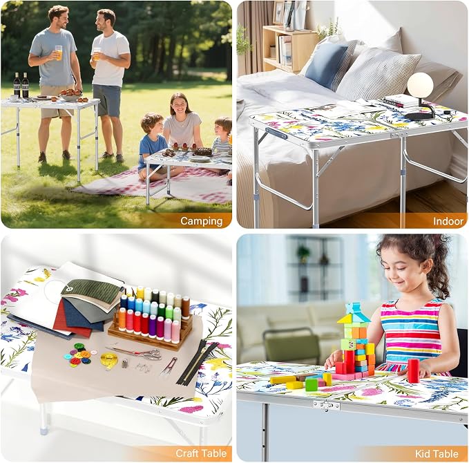 VINGLI 3FT Small Folding Camping Table Adjustable Height Aluminum Folding Table for Picnic Party BBQ, Plastic RV Suitcase Table Portable Lightweight Fold Up Utility Outdoor Tables