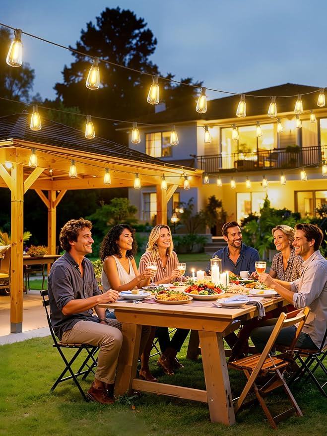 Svater 50FT Solar String Lights Outdoor with Remote, ST38 Patio Light with 19 LED Dimmable Shatterproof Bulbs, Solar Powered String Lights Waterproof for Cafes, Gardens, Bistro Warm White