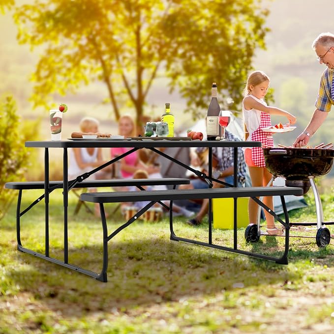 Moccha Folding Picnic Table - Portable Picnic Table with Benches, HDPE Tabletop, Metal Frame, Foldable Camping Table, Outdoor Dining Table Set for Garden Party BBQ Patio Table Bench Set (Black)
