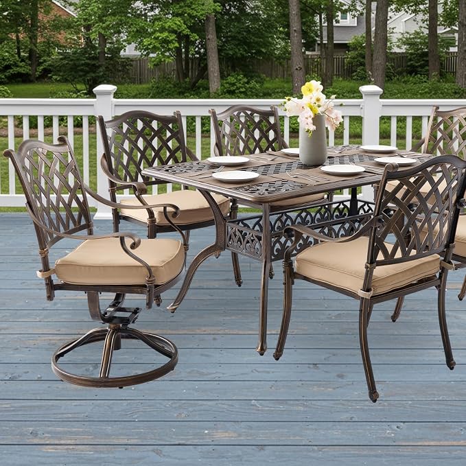 7-Pcs Cast Aluminum Patio Dining Set,59" Rectangular Table,Bronze | Outdoor Furniture Set Include Dining Table, 4 Stackable Chairs & 2 Swivel Chairs with Cushions & Umbrella Hole