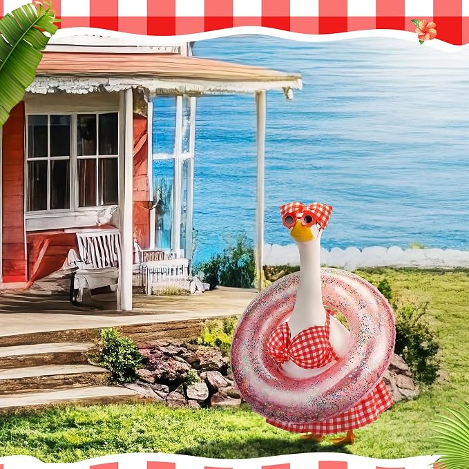 Bikini Porch Goose Outfits with Sunglasses and Swimming Tube for 23" Summer Goose Costume Garden Patio Statue Decor(Red Plaid)