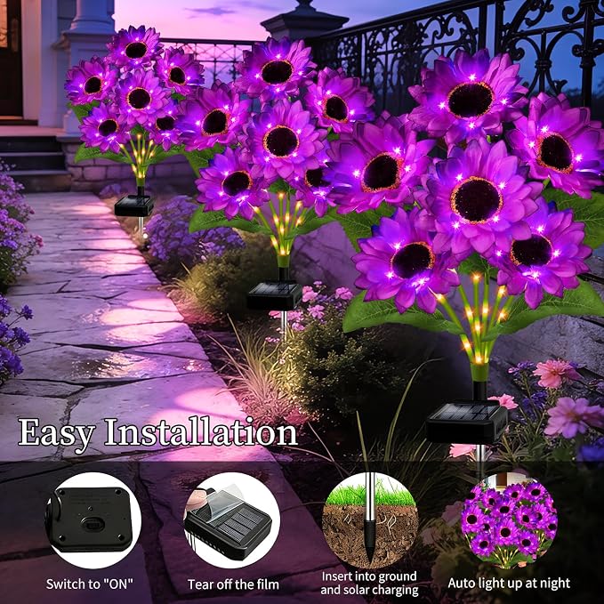 Solar Garden Lights Outdoor, 4 Pack Solar Purple Sunflower Lights with 18 Head 3.5 Inch Flowers, Waterproof Flowers Light Fall Decor Auto ON/Off for Garden Yard Patio Backyard, Gifts for Mom Women