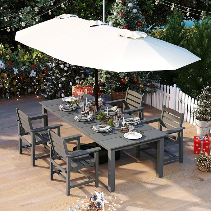 5-Piece Outdoor Dining Set with 15FT Umbrella for 4,Gray | 75.2'' HDPE table, chairs included, weather-resistant furniture with hole, ideal for lawn, poolside, yard, garden, deck