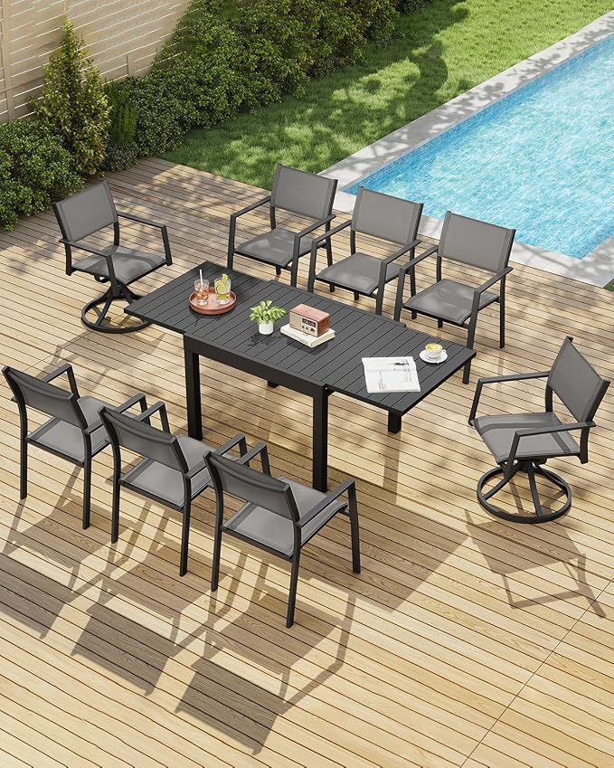 9-Piece Extendable Patio Dining Set, Never-Rust Aluminum Outdoor Dining Set with 2 Swivel Chairs, Expandable Outdoor Dining Table and 6 Stackable Dining Chairs for Porch, Lawn, Garden, Black