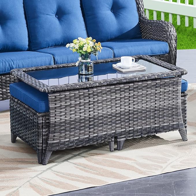 Belord Patio Wicker Sofa Set 6 Pieces Patio Furniture Set Outdoor Couch, 2 Patio Wicker Chairs with 1 Sofa, Coffee Table and Ottomans, Patio Conversation Set for Porch Garden Deck Balcony Poolside