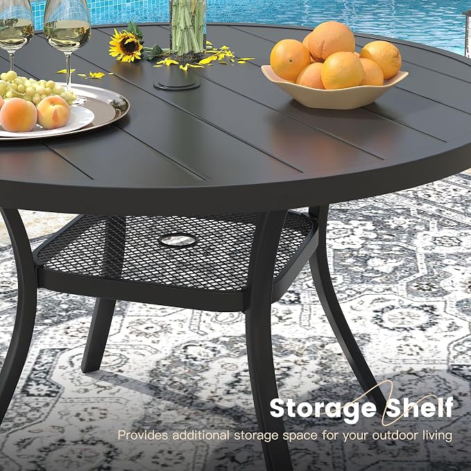 VICLLAX 7 Pieces Patio Outdoor Dining Set, 47.2" Round Metal Table with Umbrella Hole and 6 Stackable Textilene Chairs for Patio, Lawn, Garden, Porch, Black/Brown