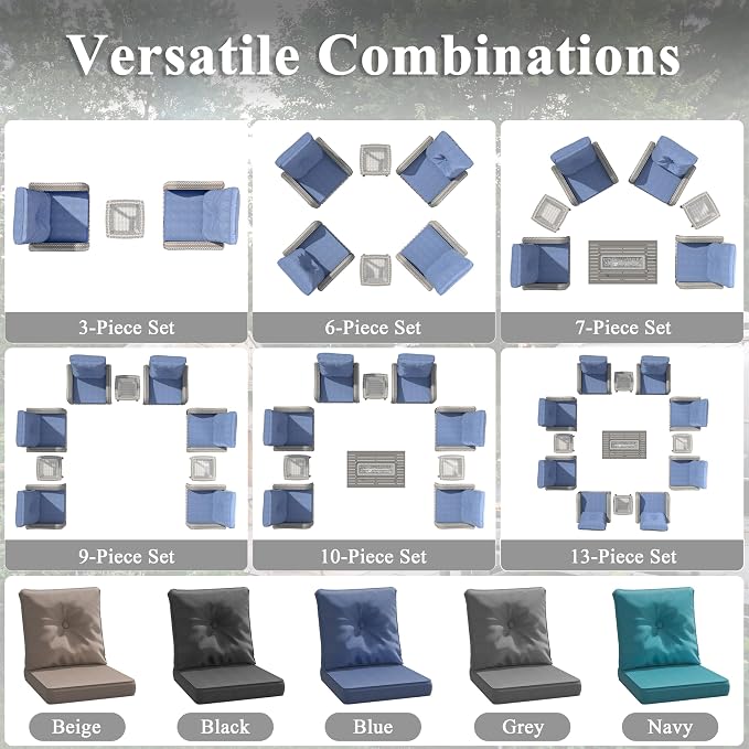 9 Piece Wicker Patio Furniture Set, Swivel Rocking Chairs with 4''Cushions, PE Rattan, Rust Resistant Frame, Double Layer Glass Side Table, for Backyard, Deck or Balcony, Navy