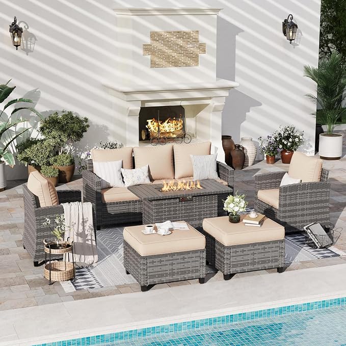 6 Pcs Patio Furniture Set with 44" Propane Gas Fire Pit Table, Rattan Outdoor Couch with Ottomans, 4" Thick Cushions for Backyard Garden Deck,Khaki