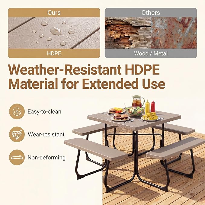 HAPPYGRILL 4-8 Person Square Picnic Table Bench Set with Umbrella Hole, Outdoor Camping Table with HDPE Material and Sturdy Metal Frame for Patio, Garden and Backyard