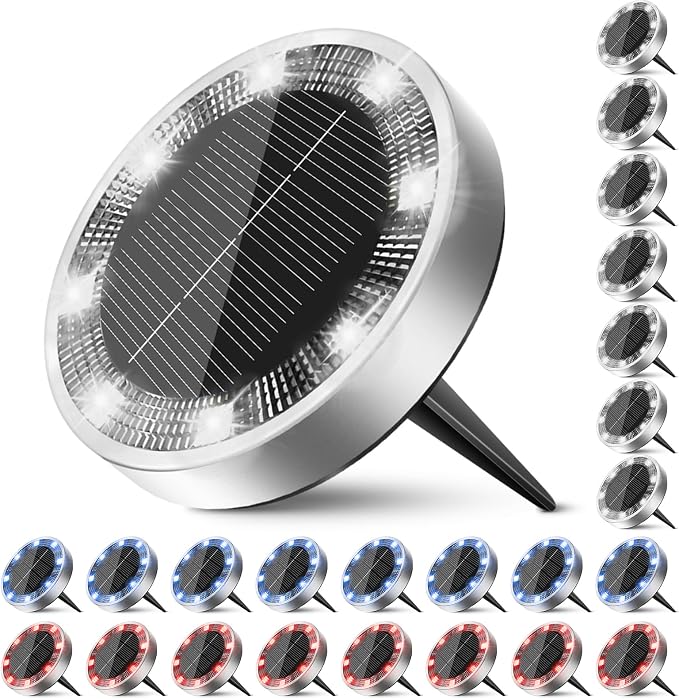 Solar Ground Lights Outdoor, 24 Pack Flat Solar Powered Disc Lights, IP68 Waterproof, Anti-Rust, Landscape Lighting for Pathway Garden Yard Lawn Walkway Landscape Driveway, Red+Blue+Cool White