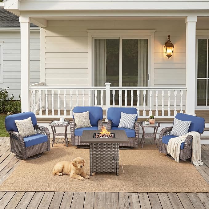 Patio Furniture Sets, 7 PCS Wicker Outdoor Furniture with Fire Pit Table - Patio Swivel Rocking Chairs and Rattan Side Table for Garden, Porch, Backyard, Blue/Brown Wicker