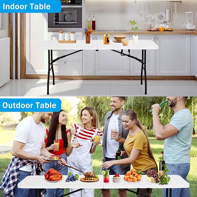 Portable Folding Table 6ft Heavy Duty Plastic Foldable Table with Carrying Handle Outdoor Indoor Plastic Dining Table for Camping and Party Picnic, White