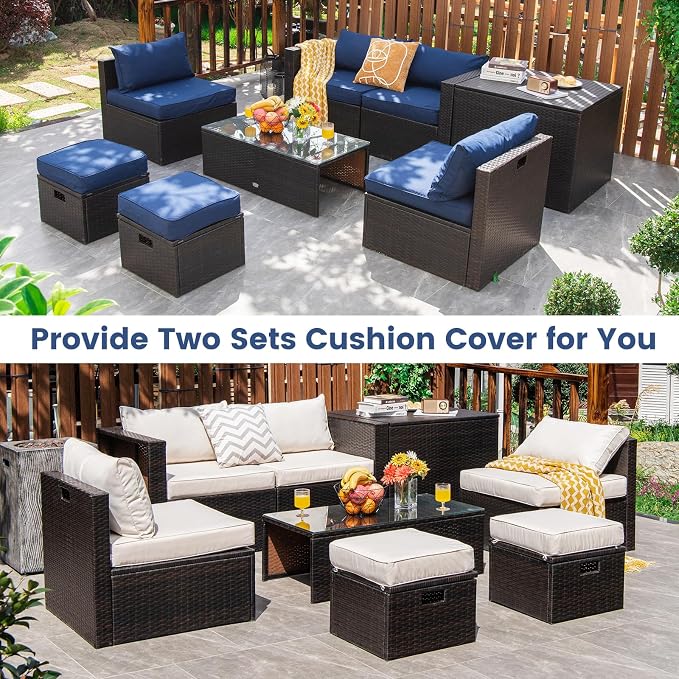 RELAX4LIFE 8-Piece Patio Furniture Set - PE Wicker Conversation Set w/Cushions, Pillows, Tempered Glass Table, Storage Box, Outdoor Sectional Sofa Set for Yard, Deck (Navy Blue)
